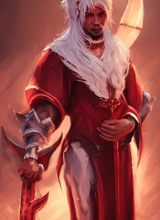 Image similar to a highly detailed illustration of white haired african priest, wearing cross on robe, wielding red blades made of blood, evil standing smiling pose, blood flowing around him background, muscular, intricate, elegant, highly detailed, centered, digital painting, artstation, concept art, smooth, sharp focus, league of legends concept art, WLOP