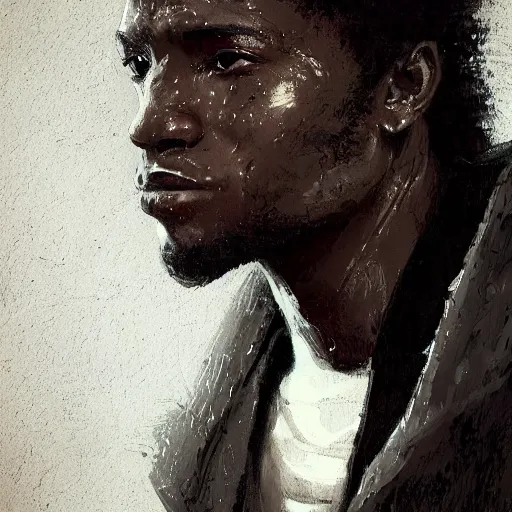 Prompt: Portrait of a man by Greg Rutkowski, he is about 20 years old, black, french, shortblack curly hair, young, manly, attractive, strong, joking and friendly attitude, brother vibes, he is wearing futuristic military fatigues, highly detailed portrait, scifi, digital painting, artstation, concept art, smooth, sharp foccus ilustration, Artstation HQ