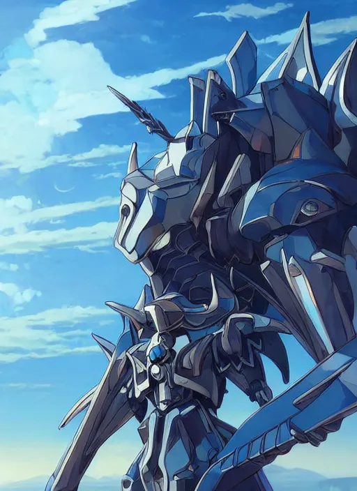 Image similar to close up of a extremely beautiful and aesthetic mech armor witch holding a symmetrical trident, highly detailed face, attractive symmetrical eyes, back shark fin, big wave horizon, dynamic model pose, slightly smiling, blue sky, big blade whale and black giants mech minotaurus, epic scene, fantasy illustrations, by makoto shinkai and peter mohrbacher and ferdinand knab