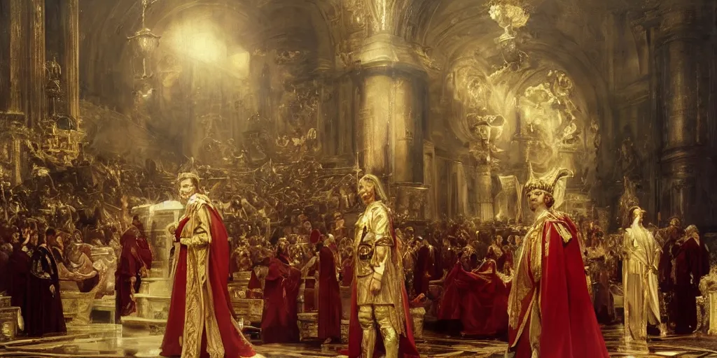 Image similar to beautiful oil matte portrait painting, steve buscemi in royal crimson robes enthroned as the god emperor of ancient rome surrounded by servants in gilded halls a golden wreath upon his head, by anders zorn, wonderful masterpiece by greg rutkowski, beautiful cinematic light, american romanticism, by thomas lawrence, greg rutkowski