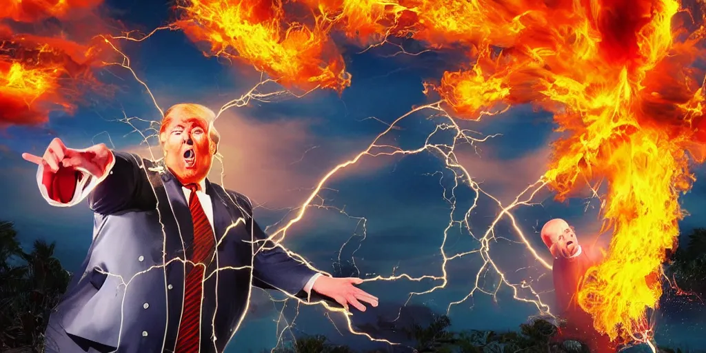 Image similar to obese donald trump casting fireballs, colorful hd picure, lightning in the background