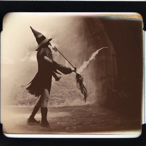 Image similar to wizard casting a spell, polaroid!!!!!