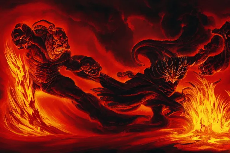 Prompt: balrog, spirit of fire and flame, surrounded by swirling fire, eyes like black coal glowing red, flaming sword, gothic fantasy art, concept are by frank frazetta, 8k, highly detailed digital painting