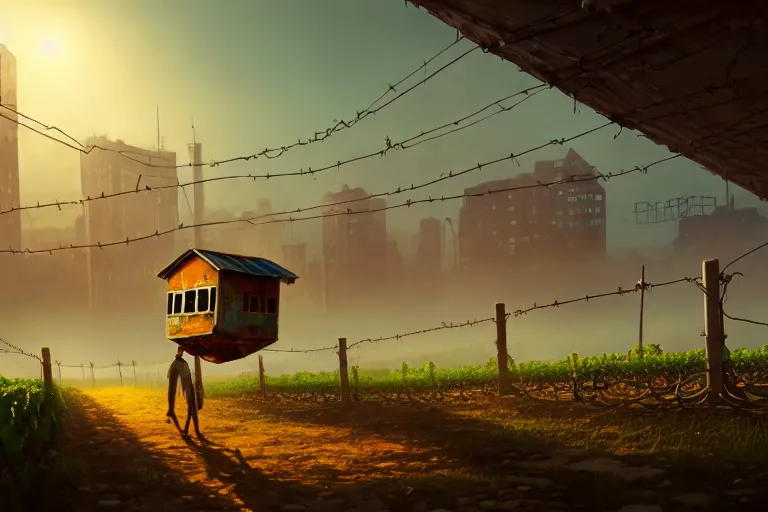 Image similar to a walking house on mechanical legs, rust, vines, city in background, hyperrealistic, highly detailed, cinematic, single ray of sun, fog, beautiful, cgssociety, artstation, 8 k, oil painting