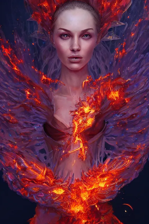 Prompt: torso closeup model wearing exploding fire crystal dress, fire exploding from head, sorcerer, diamonds, angel, fantasy, dramatic lighting, highly detailed, digital painting, holding electricity, magic the gathering, hyper detailed, 3 d render, hyper realistic detailed portrait, peter mohrbacher, wlop, ruan jia