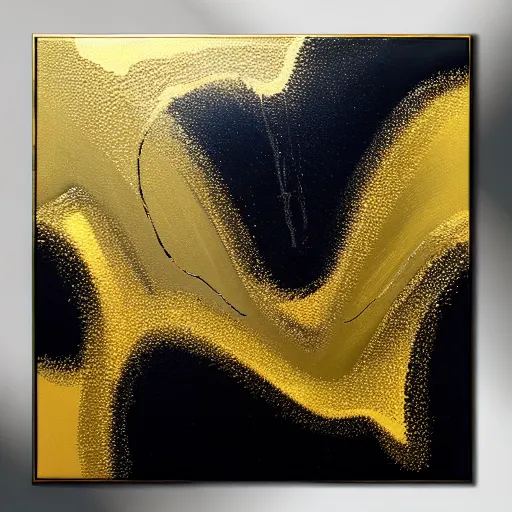 Prompt: a pour painting on canvas, gold black silver colors, abstract, thick paint, glossy, resin coated