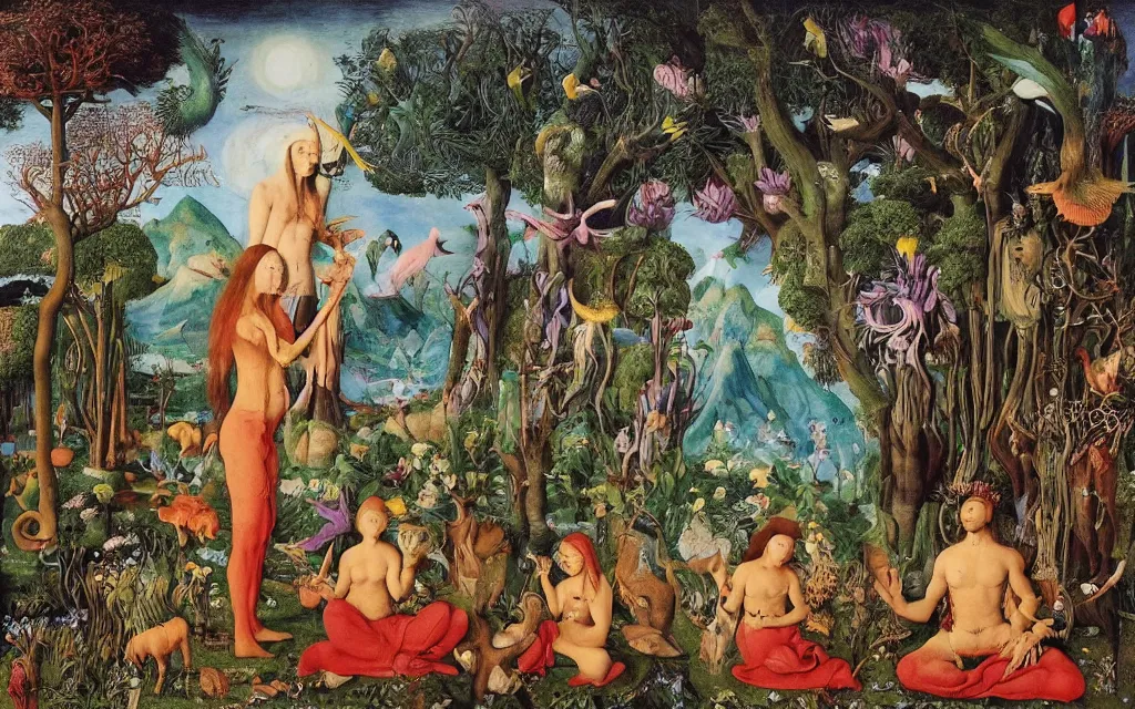 Prompt: a photograph of a meditating centaur shaman and a harpy mermaid feeding animals. surrounded by bulbous flowers, animals and a few trees. river delta with mountains and cliffs under a blue sky full of burning stars and birds. painted by jan van eyck, max ernst, ernst haeckel, ernst fuchs. trending on artstation