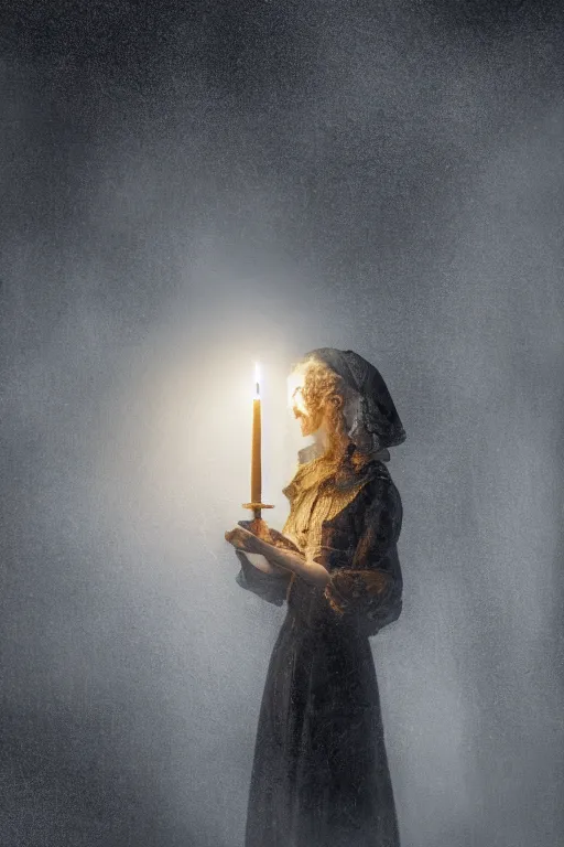 Image similar to baroque gothic woman lit by a single candle, 4 k resolution, concept art, mist, autumnal, chiaroscuro,