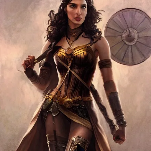 Image similar to highly detailed steampunk gal gadot standing, cape, bo staff : leonardo da vinci, greg rutkowski, magali villeneuve