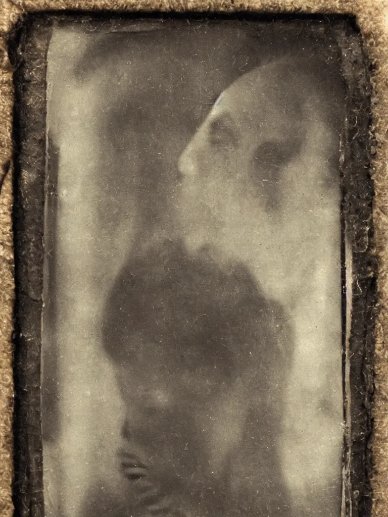 Image similar to found tintype photograph. a ghost's face in a tudor house window