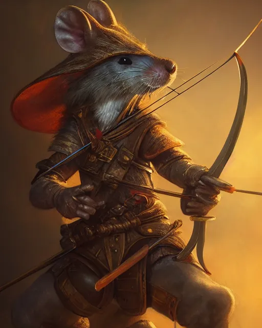 Image similar to closeup 2 8 mm anthropomorphic archer rat using a crossbow in a castle, d & d, fantasy, intricate, action pose, particle effects, highly detailed, digital painting, artstation, concept art, matte, sharp focus, volumetric lighting, illustration, hearthstone, art by artgerm, wlop, craig mullins, alphonse mucha