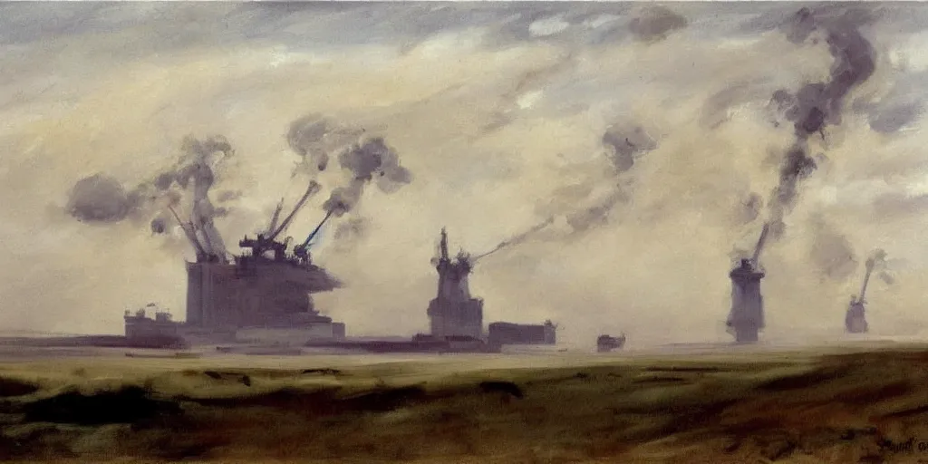 Prompt: on a foggy morning, stormy misty huge oil platform on the prairie, by john singer sargent