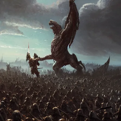 Prompt: Medieval army fighting a giant monster in the sky, hd, intricate, Greg Rutkowski, Elden Ring, 8k, digital art