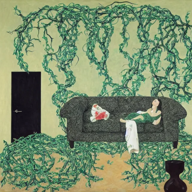 Image similar to a pathology student in her apartment, wrapped in vines, large stones, pig, black walls, ikebana, black armchair, puddles, moss, acrylic on canvas, surrealist, by magritte and monet