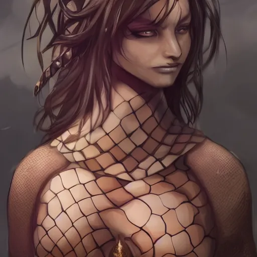 Prompt: snake human hybrid, chest up human lower half snake, black scales, bright amber eyes, chest covered in scales, scales on her chest, formless brests, flat chest, smileing nright, cinematographic shot, artstation, haahn trinh, naga