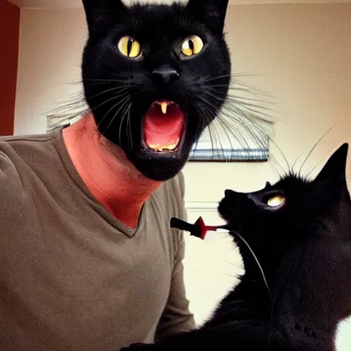 Image similar to A realistic photo of a mischeivous black cat biting his two sharp fangs into a mans slightly hairy middle aged arm in the living room funny picture.