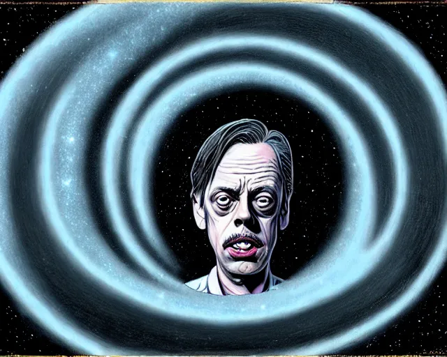 Prompt: steve buscemi floating in a spiral galaxy, cosmic horror painting, elegant intricate digital painting artstation concept art by basil wolverton by robert crumb by william eggleston detailed