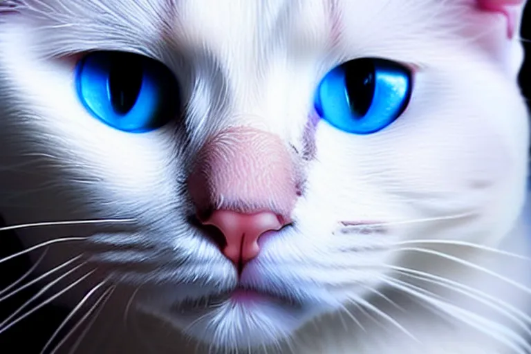 Image similar to an epic professional oil painting of a white cat with blue eyes, epic, stunning, gorgeous, intricate detail, much wow, 4K, masterpiece,