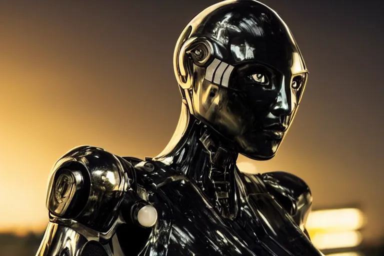 Image similar to VFX movie closeup portrait of a gorgeous futuristic robot woman in black spandex armor in future city, hero pose, beautiful skin, city night lighting by Emmanuel Lubezki