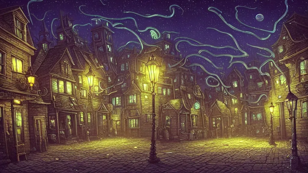 Image similar to a pickle walks in empty lovecraftian town square surrounded by houses and inns.. cthulhu statue.. lovecraftian city at night by cyril rolando and naomi okubo and dan mumford and ricardo bofill.. lovecraft.. cobbled streets.. oil lamp posts.. lovecraftian.. starry night swirly sky.