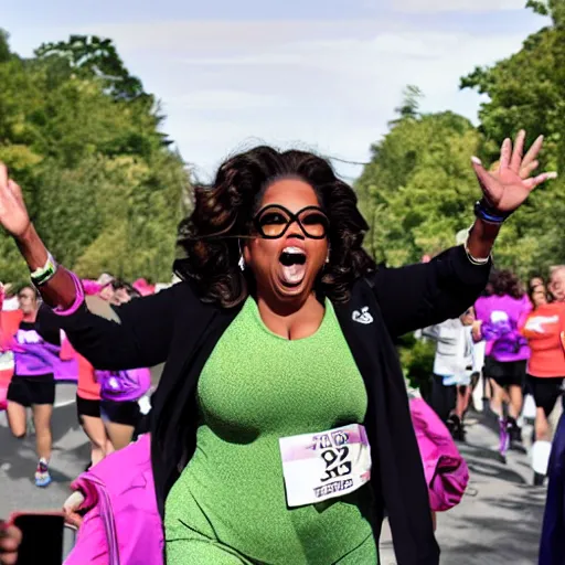 Prompt: oprah running marathon shouting and screaming hands in the air