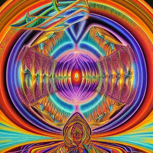 Image similar to a DMT trip about discovering the Theory of Everything, drawn by Alex Grey, highly detailed and colored, trending on artstation