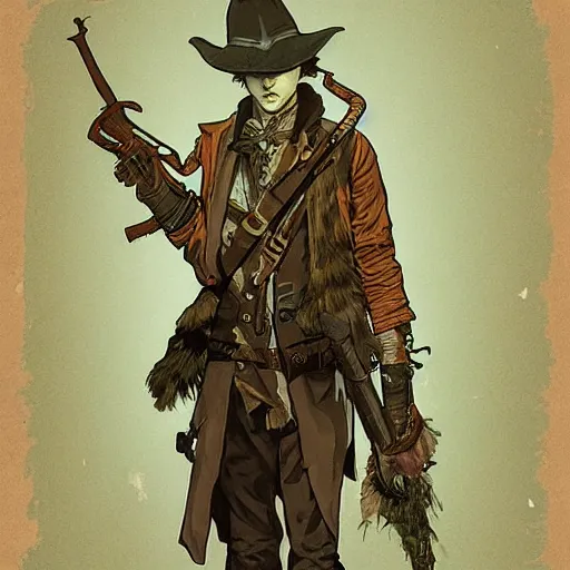 Image similar to an ultra detailed vector image of michael cera dressed as the hunter from bloodborne, concept art by alphonse mucha and greg rutkowski, bloodborne horror