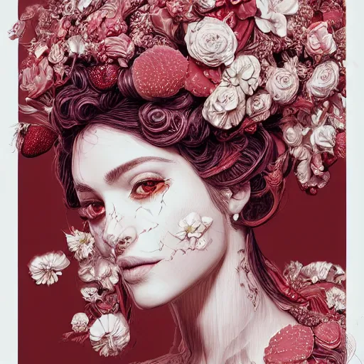 Image similar to the portrait of an absurdly beautiful, graceful, elegant, sophisticated, fashionable woman made of strawberries and white petals looking down, an ultrafine hyperdetailed illustration by kim jung gi, irakli nadar, intricate linework, bright colors, octopath traveler, final fantasy, unreal engine 5 highly rendered, global illumination, radiant light, detailed and intricate environment