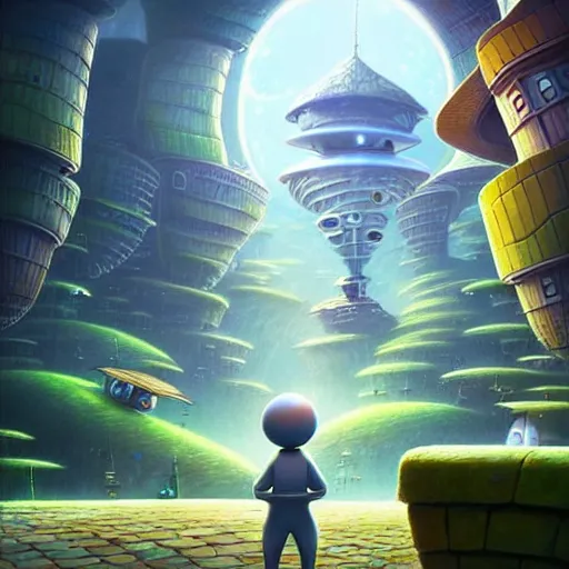 Prompt: gediminas pranckevicius an adventurous boy ( facing the camera ) and his small robot friend, futuristic city backgrond, eleborate composition with foreground and background, depth of field, fantasy illustration by kyoto studio, don bluth!!!, square enix, cinematic lighting