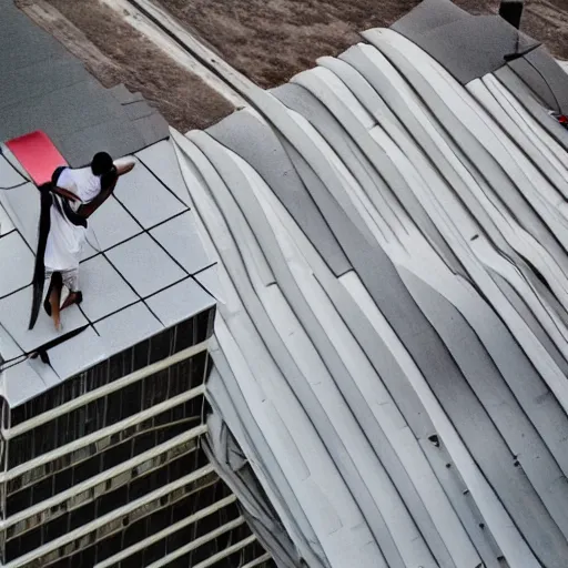 Prompt: a man trying to write the word the on top of a building in stilts