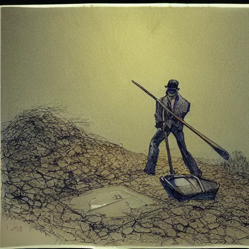 Prompt: a man with a shovel standing next to an open grave with a body in it, subtle blue, orange, and dark green tones, high quality, high detail, dark colors, sinister atmosphere, dramatic lighting, cinematic, establishing shot, extremely high detail, photo realistic, cinematic lighting, pen and ink, intricate line drawings, by Yoshitaka Amano, Ruan Jia, Kentaro Miura, Artgerm, post processed, concept art, artstation, matte painting, style by eddie mendoza, raphael lacoste, alex ross