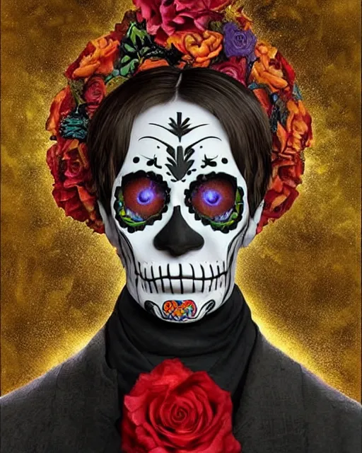 Image similar to dia de los muertos hombre theme surrealist art in the styles of igor morski, jim warren, and a tim burton film, intricate, hyperrealistic, accurate facial details, profile picture with chromakey!!!!! background, volumetric lighting