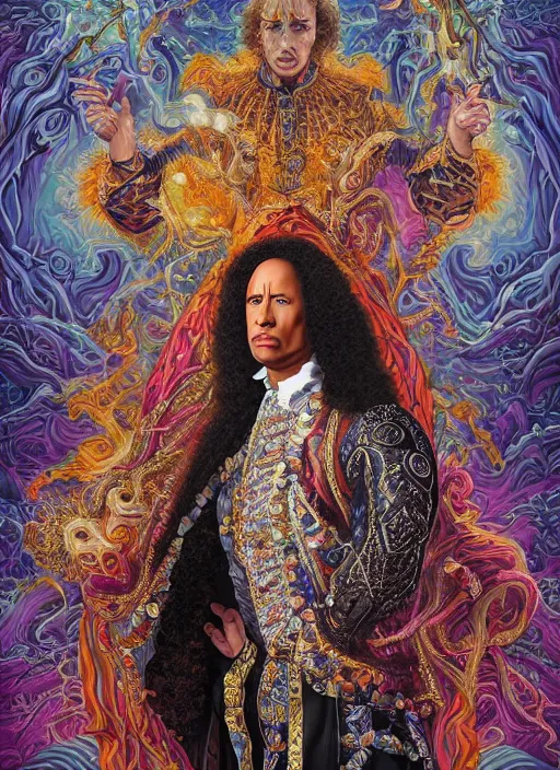 Prompt: beautiful oil painting, full length portrait of Dwayne the rock Johnson as Louis xiv in coronation robes 1701, Dan Mumford, Dan Mumford, Alex grey, Alex grey, highly detailed , lsd visuals, dmt fractal patterns, hallucinogen, visionary art, psychedelic art, ornate, vaporwave, baroque