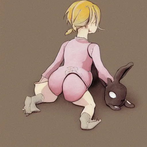 Prompt: little girl, bunny suit, artwork in made in abyss art style, inspired in balthus, clean details, baby color palette, candy, anatomically proportional