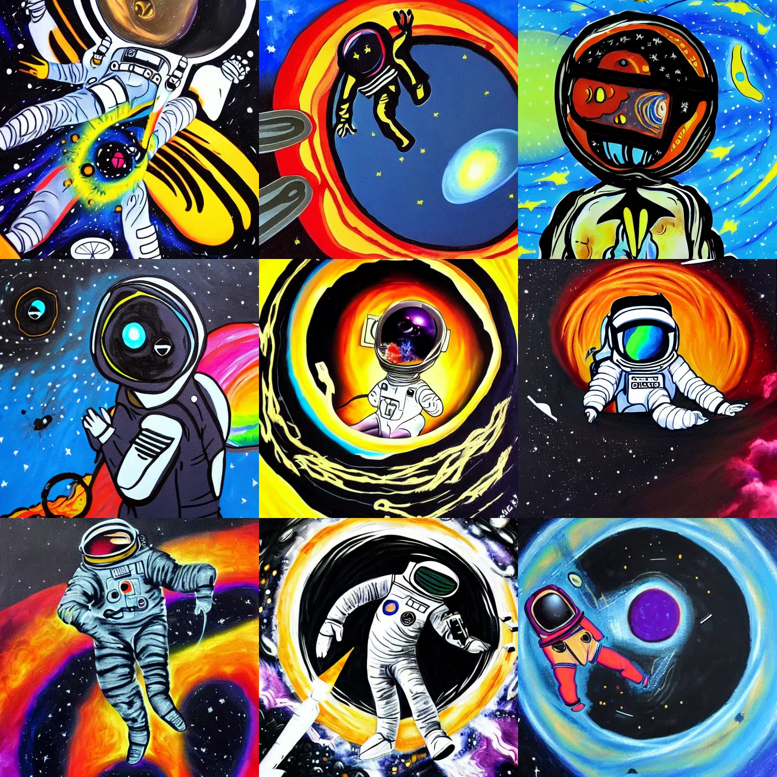 Prompt: A psicodelic astronaut getting sucked by a black hole, oil painting and black marker, masterpiece