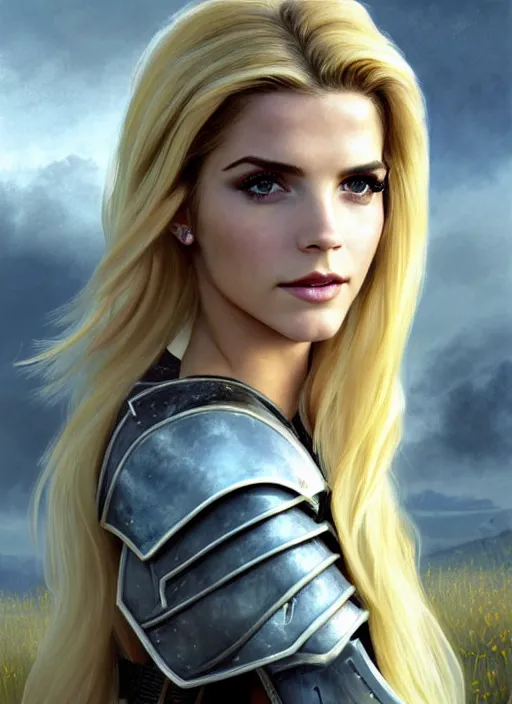 Image similar to portrait of a combination of Ashley Greene, Katheryn Winnick, Victoria Justice and Adriana Dxim, Grace Kelly, Emma Watson and Lily Collins with blonde hair wearing Paladin Armor from World of Warcraft, countryside, calm, fantasy character portrait, dynamic pose, above view, sunny day, thunder clouds in the sky, artwork by Jeremy Lipkin and Giuseppe Dangelico Pino and Michael Garmash and Rob Rey and Greg Manchess and Huang Guangjian, very coherent asymmetrical artwork, sharp edges, perfect face, simple form, 100mm