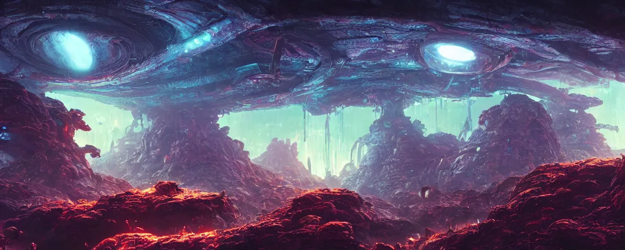 Image similar to ” alien landscape with slimy shiny surfaces, [ cinematic, detailed, epic, widescreen, opening, establishing, mattepainting, photorealistic, 4 k, octane render, art by paul lehr ] ”
