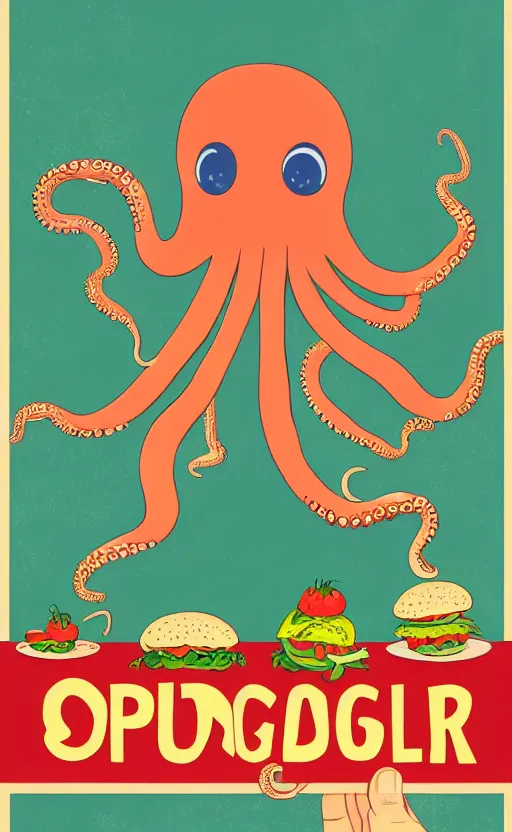 Image similar to highly detailed illustration of octopus holding hamburger, poster, symmetrical, 8 k, trending