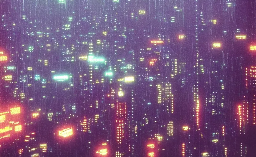 Image similar to Lumière Autochrome of rain falling on Neo-Tokyo 20XX skyline, futuristic megacity seen from above, sprawling megacity in the rainy night, neon lights, blade runner 1982