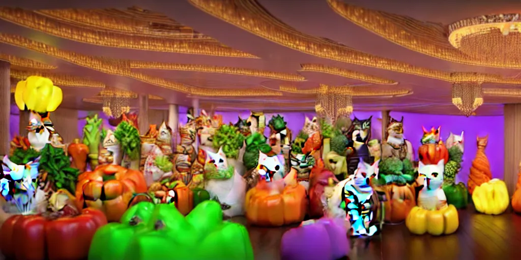Image similar to 8 k uhd cinema 4 d, octane render of multiple cats dressed as vegetables with vegetables as masks, vegetables dressed as cats with fluffy tails, line dancing at a party, in the ballroom of a luxury cruise liner, beautiful chandeliers from the ceiling, ultra realistic, group photography, 1 0 5 mm lens, multi coloured volumetric lighting