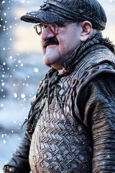 Image similar to very very intricate photorealistic photo of wario wearing his hat in an episode of game of thrones, photo is in focus with detailed atmospheric lighting, award - winning details