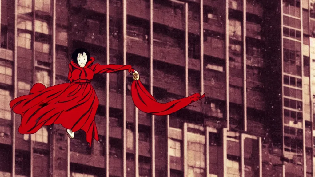 Image similar to a woman covered in red wearing a red baboon mask falling from a building in Tokyo , film still from the an anime directed by Katsuhiro Otomo with art direction by Salvador Dalí, wide lens