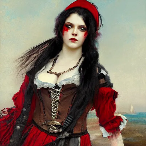 Image similar to Solomon Joseph Solomon and Richard Schmid and Jeremy Lipking victorian genre painting portrait painting of a young beautiful woman punk rock goth girl pirate wench in fantasy costume, red background