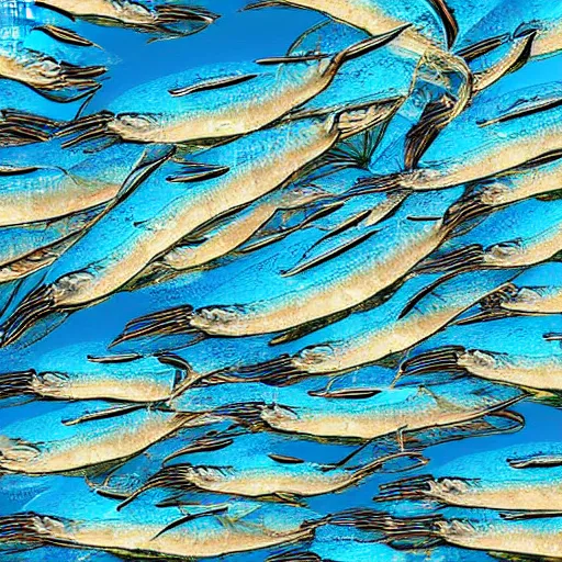 Prompt: plump anchovies build an archipelago in the sheltered waters of a warm tropical ocean, digital art