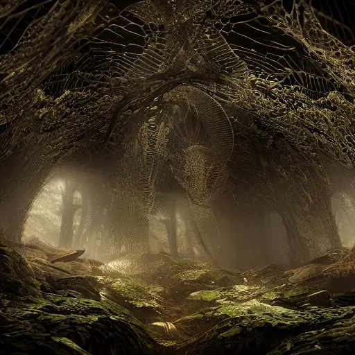 Image similar to biocomputer organs inside a bioneural antique lace in a biomechanical cave forest, epic environment, matte painting, diffused lighting, highly detailed cinematic, epic atmosphere, diffused lighting, highly detailed digital art, trending on artstation, depth of field, wide angle