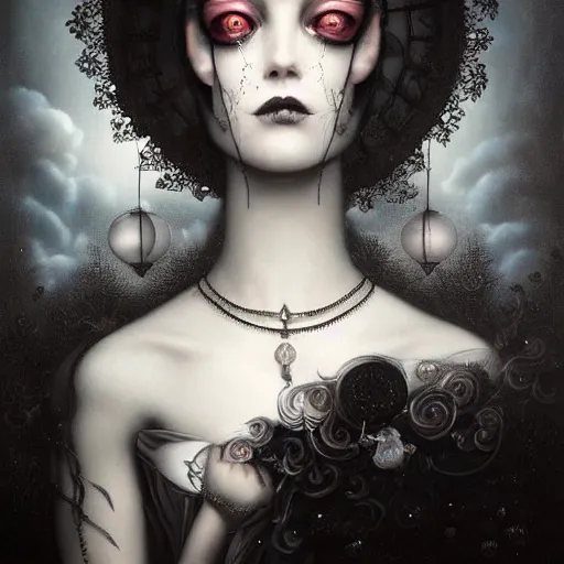 Prompt: By Tom Bagshaw, ultra realist soft painting of a curiosities carnival transparent glass spheres by night, very beautiful female dollpunk in full gothic dress, symmetry accurate features, very intricate details, omnious sky, black and white, volumetric light clouds