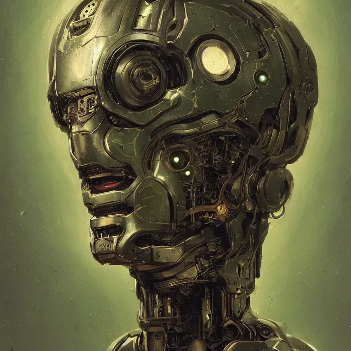 Image similar to portrait of a green Ultron from Age of Ultron, clockwork steampunk, head and chest only, by Beksinski, 4k, deviantart, trending on artstation