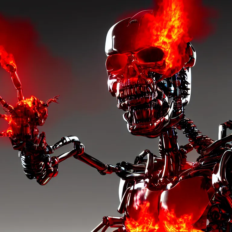 Image similar to terminator endoskeleton with red glowing eyes and fire behind it, movie still, chrome, shiny, reflective, metallic, 3 d render, realistic, hdr, stan winston studios, dramatic lighting, flame colors bright, ultra realistic