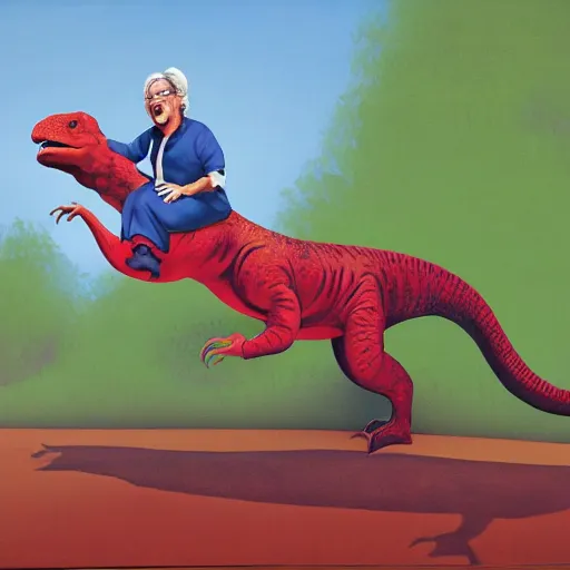 Image similar to postmodern painting of mrs doubtfire riding a dinosaur