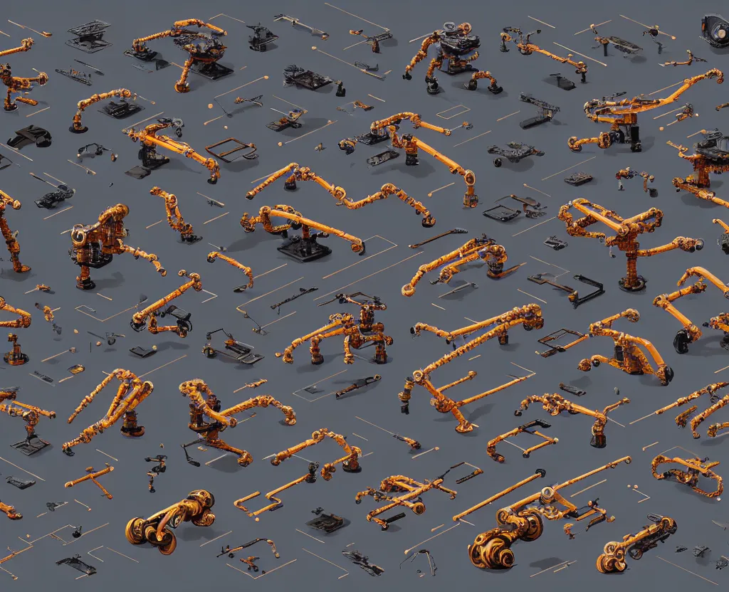 Prompt: collection exploration form shapes, katsuhiro otomo, robot arms, props, hard surface, panel, simon stalenhag, kitbash, items, big, close up shot, futuristic, parts, machinery, greebles, insanely detailed, case, hardware, golden ratio, wes anderson color scheme, in watercolor gouache detailed paintings, sleek design